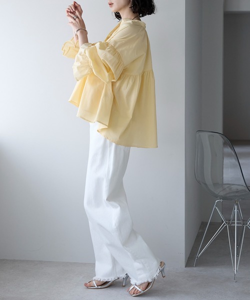 each（イーチ）の「スタンドカラーキャンディースリーブコットンブラウス（シャツ/ブラウス・レディース・ブラック/サックスブルー/ホワイト/イエロー・FREE）」の14枚目の写真