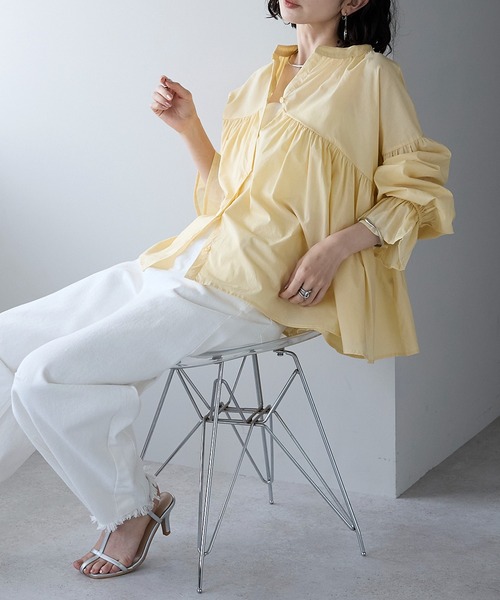 each（イーチ）の「スタンドカラーキャンディースリーブコットンブラウス（シャツ/ブラウス・レディース・ブラック/サックスブルー/ホワイト/イエロー・FREE）」の15枚目の写真