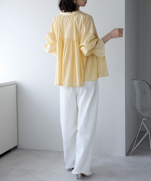 each（イーチ）の「スタンドカラーキャンディースリーブコットンブラウス（シャツ/ブラウス・レディース・ブラック/サックスブルー/ホワイト/イエロー・FREE）」の16枚目の写真