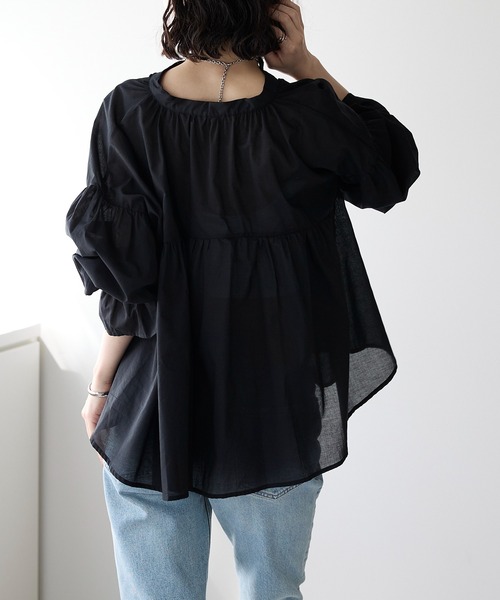 each（イーチ）の「スタンドカラーキャンディースリーブコットンブラウス（シャツ/ブラウス・レディース・ブラック/サックスブルー/ホワイト/イエロー・FREE）」の6枚目の写真