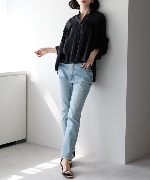 each（イーチ）の「スタンドカラーキャンディースリーブコットンブラウス（シャツ/ブラウス・レディース・ブラック/サックスブルー/ホワイト/イエロー・FREE）」の7枚目の写真