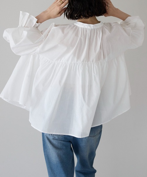 each（イーチ）の「スタンドカラーキャンディースリーブコットンブラウス（シャツ/ブラウス・レディース・ブラック/サックスブルー/ホワイト/イエロー・FREE）」の21枚目の写真