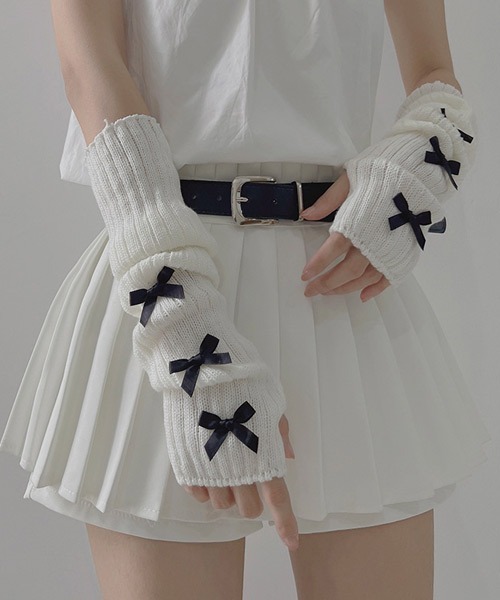 セール】リボンリブニットロングアームウォーマー（アームカバー