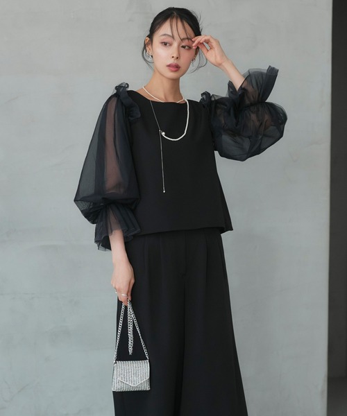 RUIRUE BOUTIQUE（ルイルエブティック）の「オケージョンドレス 結婚式 前後2WAY 洗える ｜ バックコンシャストップス ＆ タックワイドパンツ ドレス ( チュールつけ袖付き ) ｜ パンツドレス 美脚効果（パンツドレス・レディース・チャコールグレー/ブラック/ネイビー・S/M/L/LL）」の7枚目の写真