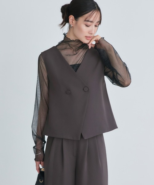 RUIRUE BOUTIQUE（ルイルエブティック）の「オケージョンドレス 結婚式 前後2WAY 洗える ｜ バックコンシャストップス ＆ タックワイドパンツ ドレス ( チュールつけ袖付き ) ｜ パンツドレス 美脚効果（パンツドレス・レディース・チャコールグレー/ブラック/ネイビー・S/M/L/LL）」の10枚目の写真