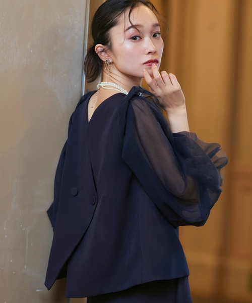 RUIRUE BOUTIQUE（ルイルエブティック）の「オケージョンドレス 結婚式 前後2WAY 洗える ｜ バックコンシャストップス ＆ タックワイドパンツ ドレス ( チュールつけ袖付き ) ｜ パンツドレス 美脚効果（パンツドレス・レディース・チャコールグレー/ブラック/ネイビー・S/M/L/LL）」の14枚目の写真