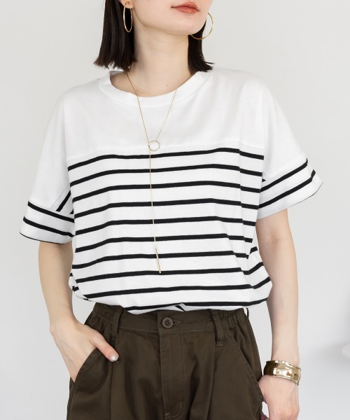 aity(アイティ)の「パネルボーダー 5分袖トップス Tシャツ カットソー シンプル カジュアル レディース 半袖 ボーダー きれいめ コットン(Tシャツ/カットソー・レディース・ホワイト×ブラック/ブラック×ホワイト・M~L/LL~3L/4L~5L)」の1枚目の写真