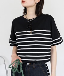 aity（アイティ）の「パネルボーダー 5分袖トップス Tシャツ  カットソー シンプル カジュアル レディース 半袖 ボーダー きれいめ　コットン（Tシャツ/カットソー）」