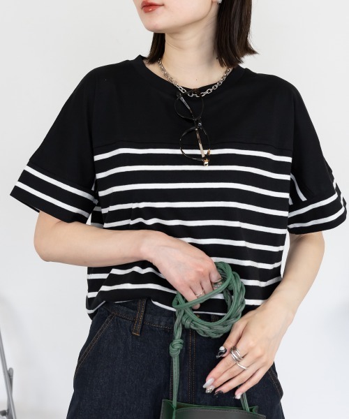 aity(アイティ)の「パネルボーダー 5分袖トップス Tシャツ カットソー シンプル カジュアル レディース 半袖 ボーダー きれいめ コットン(Tシャツ/カットソー・レディース・ホワイト×ブラック/ブラック×ホワイト・M~L/LL~3L/4L~5L)」の4枚目の写真