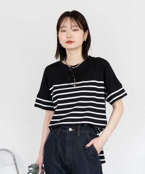 aity(アイティ)の「パネルボーダー 5分袖トップス Tシャツ カットソー シンプル カジュアル レディース 半袖 ボーダー きれいめ コットン(Tシャツ/カットソー・レディース・ホワイト×ブラック/ブラック×ホワイト・M~L/LL~3L/4L~5L)」の6枚目の写真