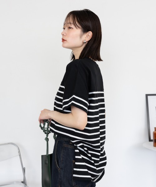 aity(アイティ)の「パネルボーダー 5分袖トップス Tシャツ カットソー シンプル カジュアル レディース 半袖 ボーダー きれいめ コットン(Tシャツ/カットソー・レディース・ホワイト×ブラック/ブラック×ホワイト・M~L/LL~3L/4L~5L)」の8枚目の写真