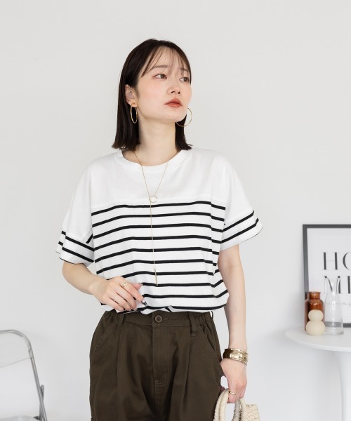 aity(アイティ)の「パネルボーダー 5分袖トップス Tシャツ カットソー シンプル カジュアル レディース 半袖 ボーダー きれいめ コットン(Tシャツ/カットソー・レディース・ホワイト×ブラック/ブラック×ホワイト・M~L/LL~3L/4L~5L)」の11枚目の写真