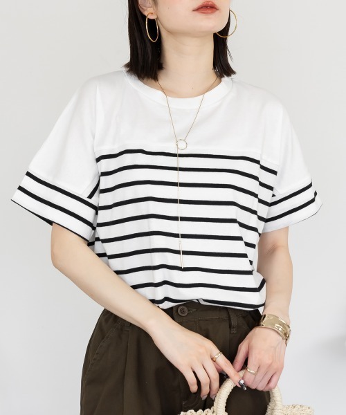 aity(アイティ)の「パネルボーダー 5分袖トップス Tシャツ カットソー シンプル カジュアル レディース 半袖 ボーダー きれいめ コットン(Tシャツ/カットソー・レディース・ホワイト×ブラック/ブラック×ホワイト・M~L/LL~3L/4L~5L)」の13枚目の写真
