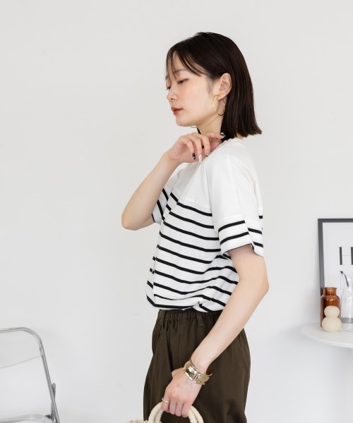 aity(アイティ)の「パネルボーダー 5分袖トップス Tシャツ カットソー シンプル カジュアル レディース 半袖 ボーダー きれいめ コットン(Tシャツ/カットソー・レディース・ホワイト×ブラック/ブラック×ホワイト・M~L/LL~3L/4L~5L)」の15枚目の写真