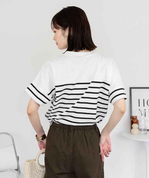 aity(アイティ)の「パネルボーダー 5分袖トップス Tシャツ カットソー シンプル カジュアル レディース 半袖 ボーダー きれいめ コットン(Tシャツ/カットソー・レディース・ホワイト×ブラック/ブラック×ホワイト・M~L/LL~3L/4L~5L)」の17枚目の写真