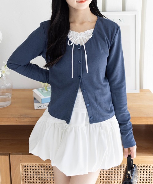 clear（クリア）の「レースレイヤード風カーディガン［韓国ファッション カジュアル］≪AW新作≫（Tシャツ/カットソー・レディース・グレー/ネイビー/ブラック・F）」の3枚目の写真