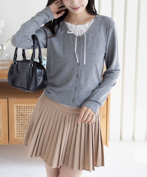 clear（クリア）の「レースレイヤード風カーディガン［韓国ファッション カジュアル］≪AW新作≫（Tシャツ/カットソー・レディース・グレー/ネイビー/ブラック・F）」の2枚目の写真