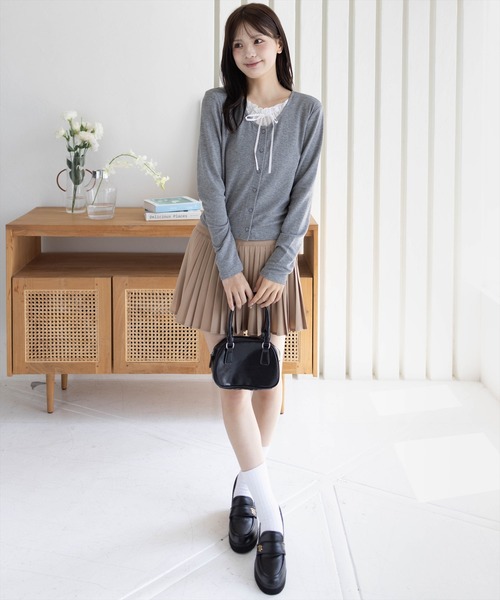 clear（クリア）の「レースレイヤード風カーディガン［韓国ファッション カジュアル］≪AW新作≫（Tシャツ/カットソー・レディース・グレー/ネイビー/ブラック・F）」の5枚目の写真