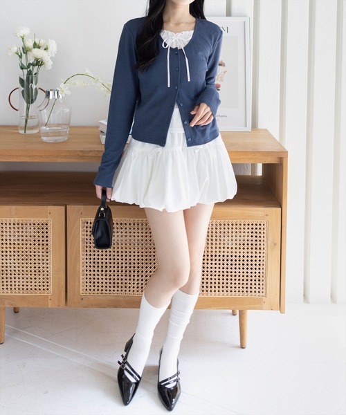 clear（クリア）の「レースレイヤード風カーディガン［韓国ファッション カジュアル］≪AW新作≫（Tシャツ/カットソー・レディース・グレー/ネイビー/ブラック・F）」の6枚目の写真