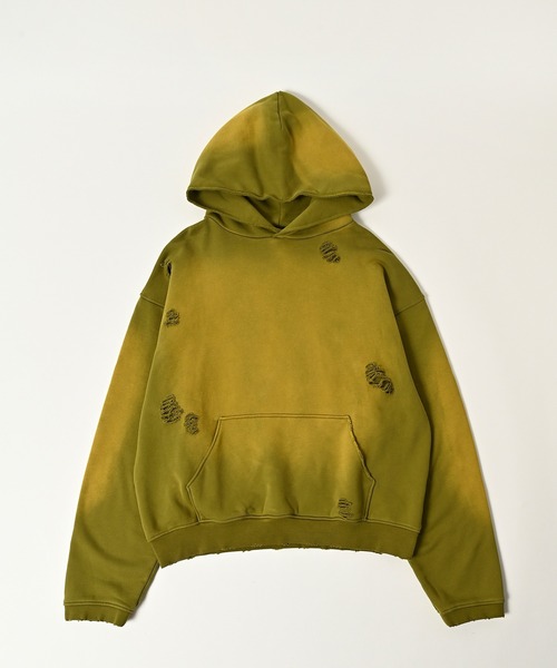 [ADAMPATEK] aged green damage pullover hoodie — худи aged green с эффектом потертости