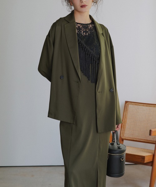 Callarus（カラルス）の「ノーカラージャケットアシメフリンジ使いレースワンピースドレスアンサンブル〔Callarus〕（セットアップ・レディース・ブラック/カーキ/チャコールグレー・LL/M/L）」の9枚目の写真