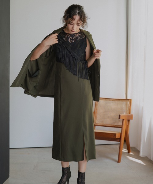 Callarus（カラルス）の「ノーカラージャケットアシメフリンジ使いレースワンピースドレスアンサンブル〔Callarus〕（セットアップ・レディース・ブラック/カーキ/チャコールグレー・LL/M/L）」の13枚目の写真