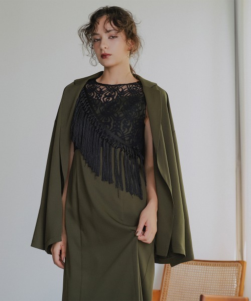 Callarus（カラルス）の「ノーカラージャケットアシメフリンジ使いレースワンピースドレスアンサンブル〔Callarus〕（セットアップ・レディース・ブラック/カーキ/チャコールグレー・LL/M/L）」の14枚目の写真