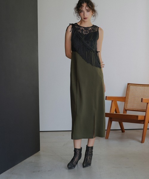 Callarus（カラルス）の「ノーカラージャケットアシメフリンジ使いレースワンピースドレスアンサンブル〔Callarus〕（セットアップ・レディース・ブラック/カーキ/チャコールグレー・LL/M/L）」の15枚目の写真