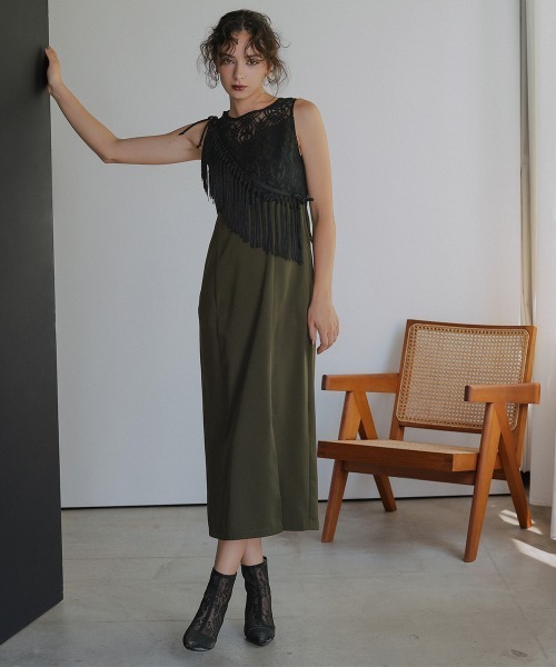 Callarus（カラルス）の「ノーカラージャケットアシメフリンジ使いレースワンピースドレスアンサンブル〔Callarus〕（セットアップ・レディース・ブラック/カーキ/チャコールグレー・LL/M/L）」の16枚目の写真