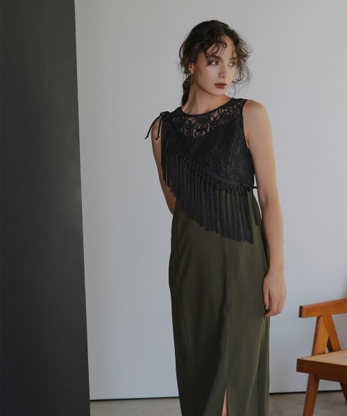 Callarus（カラルス）の「ノーカラージャケットアシメフリンジ使いレースワンピースドレスアンサンブル〔Callarus〕（セットアップ・レディース・ブラック/カーキ/チャコールグレー・LL/M/L）」の17枚目の写真
