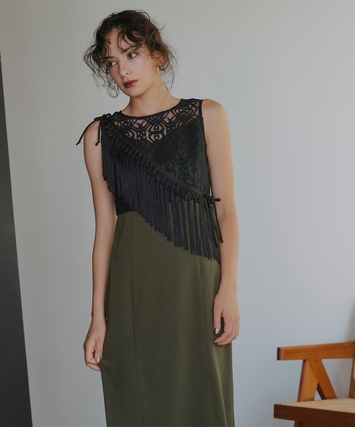Callarus（カラルス）の「ノーカラージャケットアシメフリンジ使いレースワンピースドレスアンサンブル〔Callarus〕（セットアップ・レディース・ブラック/カーキ/チャコールグレー・LL/M/L）」の18枚目の写真