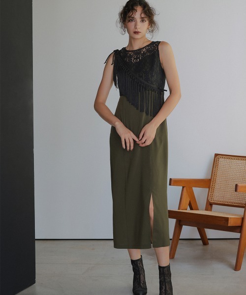 Callarus（カラルス）の「ノーカラージャケットアシメフリンジ使いレースワンピースドレスアンサンブル〔Callarus〕（セットアップ・レディース・ブラック/カーキ/チャコールグレー・LL/M/L）」の19枚目の写真