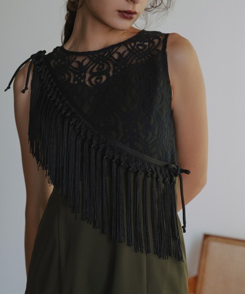 Callarus（カラルス）の「ノーカラージャケットアシメフリンジ使いレースワンピースドレスアンサンブル〔Callarus〕（セットアップ・レディース・ブラック/カーキ/チャコールグレー・LL/M/L）」の21枚目の写真