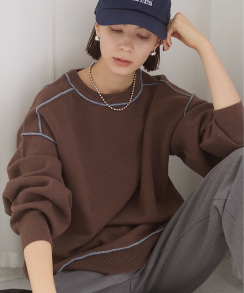 ANGIE(アンジー)の「ポイントカラー オーバーサイズ 配色ニット(ニット/セーター・レディース・アイボリー/チャコールグレー/ブラウン・FREE)」の3枚目の写真