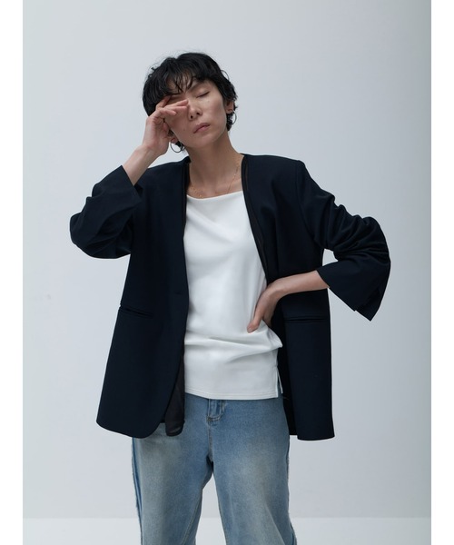 Brown&Street(ブラウンアンドストリート)の「シアー2ピースジャケット(ノーカラージャケット・レディース・サンドベージュ/ダークネイビー・FREE)」の1枚目の写真