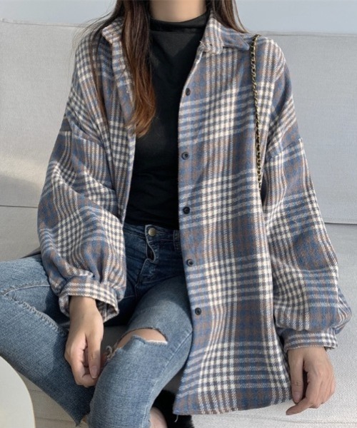 yuue' ( wear )(ユーイ)の「オーバーサイズ起毛チェック柄シャツ(シャツ/ブラウス・レディース・ネイビー/オレンジ/レッド/ブラック/ブルー・FREE)」の16枚目の写真