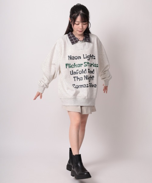 SlashDate(スラッシュデイト)の「【82】襟チェック レイヤード風 ロゴプリント 裏起毛 スウェット(スウェット・レディース・アッシュグレー/カーキ/ブラック・L/M)」の13枚目の写真