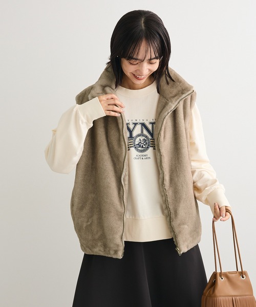 Green　Parks（グリーンパークス）の「スタンドカラーZIPファーベスト（ベスト・レディース・その他6/チャコールグレー・FREE）」の6枚目の写真