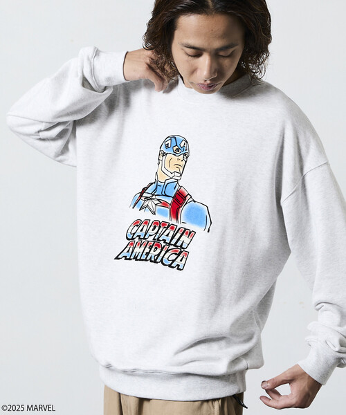 FREAK'S STORE(フリークスストア)の「MARVEL/マーベル/キャプテンアメリカ/クルーネックスウェット/静電フロッキー加工(スウェット・メンズ・ブラック/ライトグレー・MEDIUM/LARGE)」の7枚目の写真