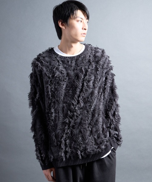 COMMON WARE（コモンウェアー）の「PF:FRINGE CREW NECK KNIT/フリンジグランジニット（ニット/セーター・メンズ・ブラック/ナチュラル・2/1）」の4枚目の写真