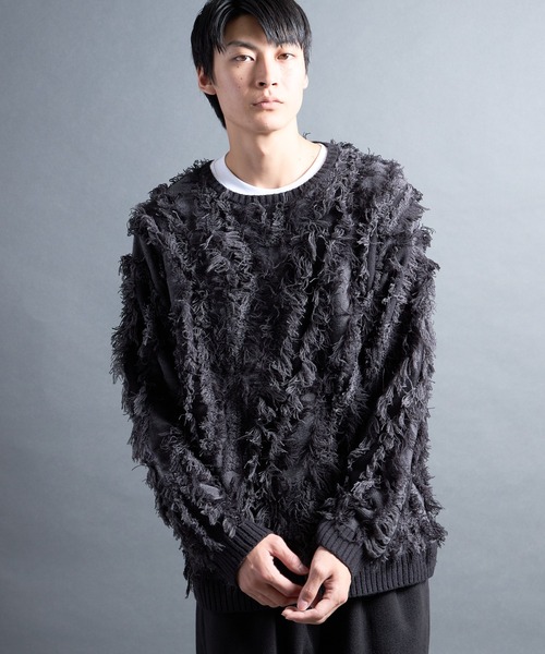 COMMON WARE（コモンウェアー）の「PF:FRINGE CREW NECK KNIT/フリンジグランジニット（ニット/セーター・メンズ・ブラック/ナチュラル・2/1）」の5枚目の写真