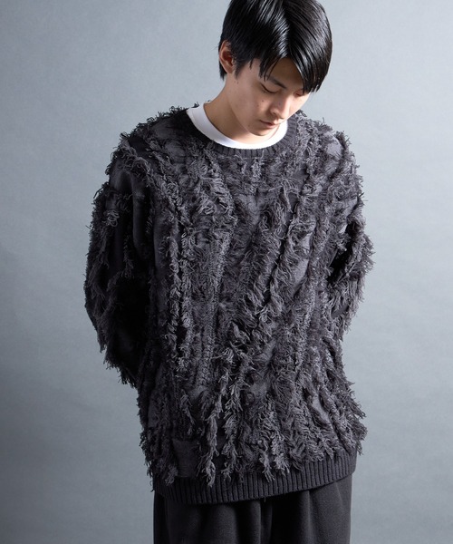 COMMON WARE（コモンウェアー）の「PF:FRINGE CREW NECK KNIT/フリンジグランジニット（ニット/セーター・メンズ・ブラック/ナチュラル・2/1）」の6枚目の写真