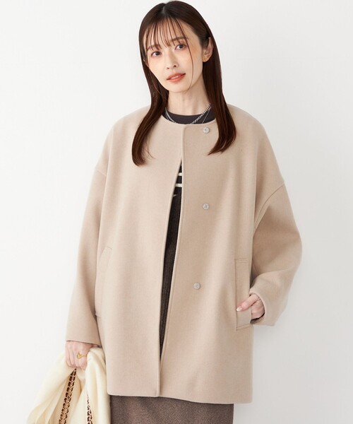 未使用級 OUR♡頼れるノーカラーコート 撥水 洗濯可 軽量 ベージュ SHIPS Colors:〈手洗い可能〉ジャージーメルトン ノーカラー コート