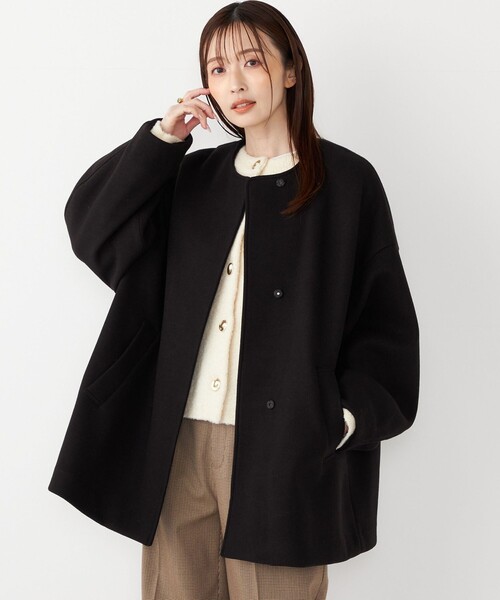 新品⭐ノーカラーコート⭐36(S)黒 SHIPS Colors:〈手洗い可能〉ジャージーメルトン ノーカラー コート