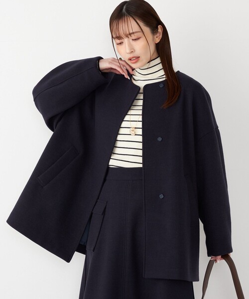 SHIPS Colors:〈手洗い可能〉ジャージーメルトン ノーカラー コート