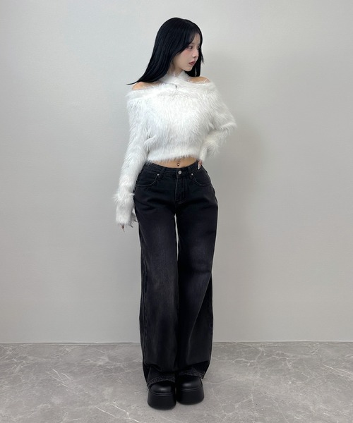 FOLLOWIN（フォロウィン）の「2WAYウエストデザインワイドデニムパンツ【ベルト取り外し可】（デニムパンツ・レディース・ブラック/ブルー/ライトブルー・LARGE/MEDIUM/SMALL）」の4枚目の写真