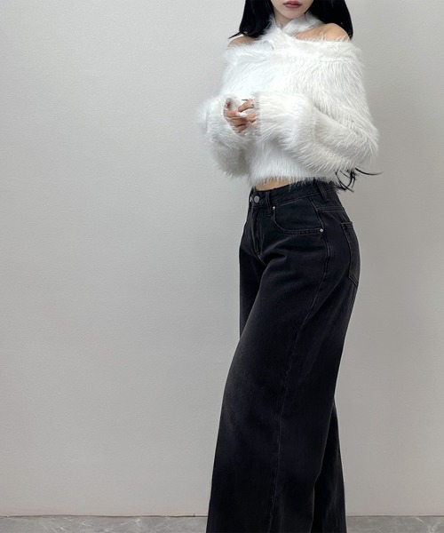 FOLLOWIN（フォロウィン）の「2WAYウエストデザインワイドデニムパンツ【ベルト取り外し可】（デニムパンツ・レディース・ブラック/ブルー/ライトブルー・LARGE/MEDIUM/SMALL）」の7枚目の写真