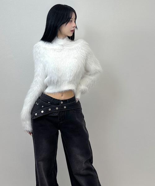 FOLLOWIN（フォロウィン）の「2WAYウエストデザインワイドデニムパンツ【ベルト取り外し可】（デニムパンツ・レディース・ブラック/ブルー/ライトブルー・LARGE/MEDIUM/SMALL）」の6枚目の写真