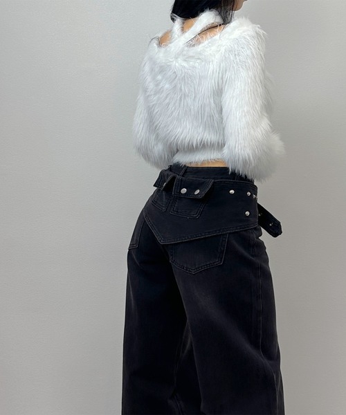 FOLLOWIN（フォロウィン）の「2WAYウエストデザインワイドデニムパンツ【ベルト取り外し可】（デニムパンツ・レディース・ブラック/ブルー/ライトブルー・LARGE/MEDIUM/SMALL）」の8枚目の写真