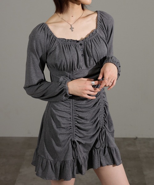 apres jour mignon（アプレジュールミニョン）の「ドロストワンピース（ワンピース・レディース・グレー系その他/ブラウン系その他/チャコールグレー/ブラック系その他/ボルドー・LARGE/フリー）」の2枚目の写真